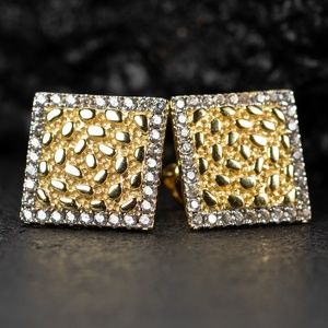 Men's Iced Square Large 14K Gold 925 Nugget Stud Screw Back Hip Hop Earrings